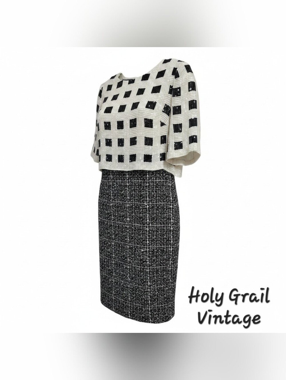 St John Black & White Silk Wool Tweed Scoop Neck Hand Beaded Cocktail Dress 10